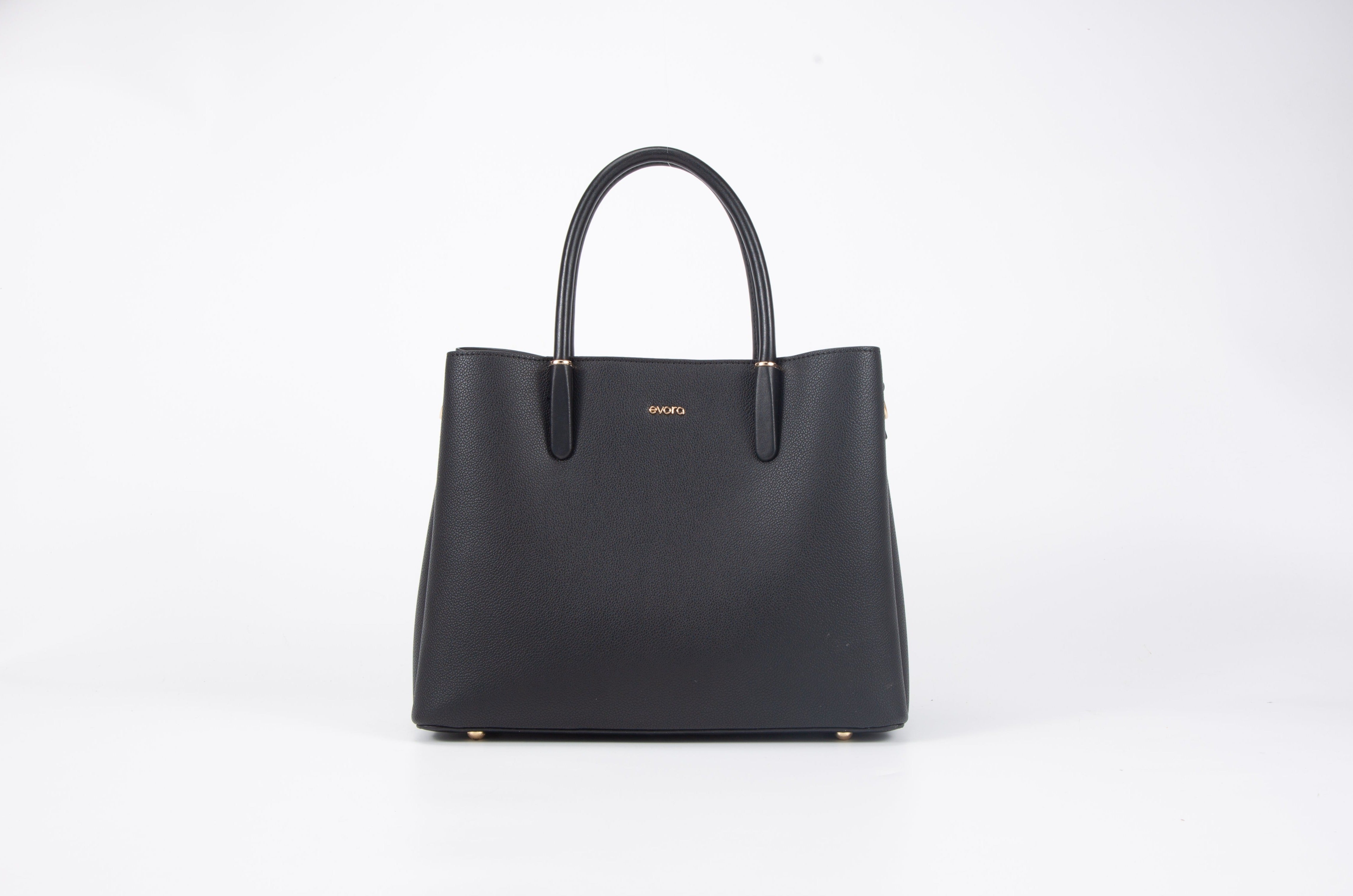 set of  large black square-shaped women's handbag with a top handle and a long shoulder strap, and big wallet