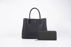 set of  large black square-shaped women's handbag with a top handle and a long shoulder strap, and big wallet